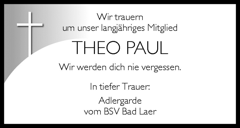  Traueranzeige für Theo Paul vom 15.01.2009 aus Neue Osnabrücker Zeitung GmbH & Co. KG