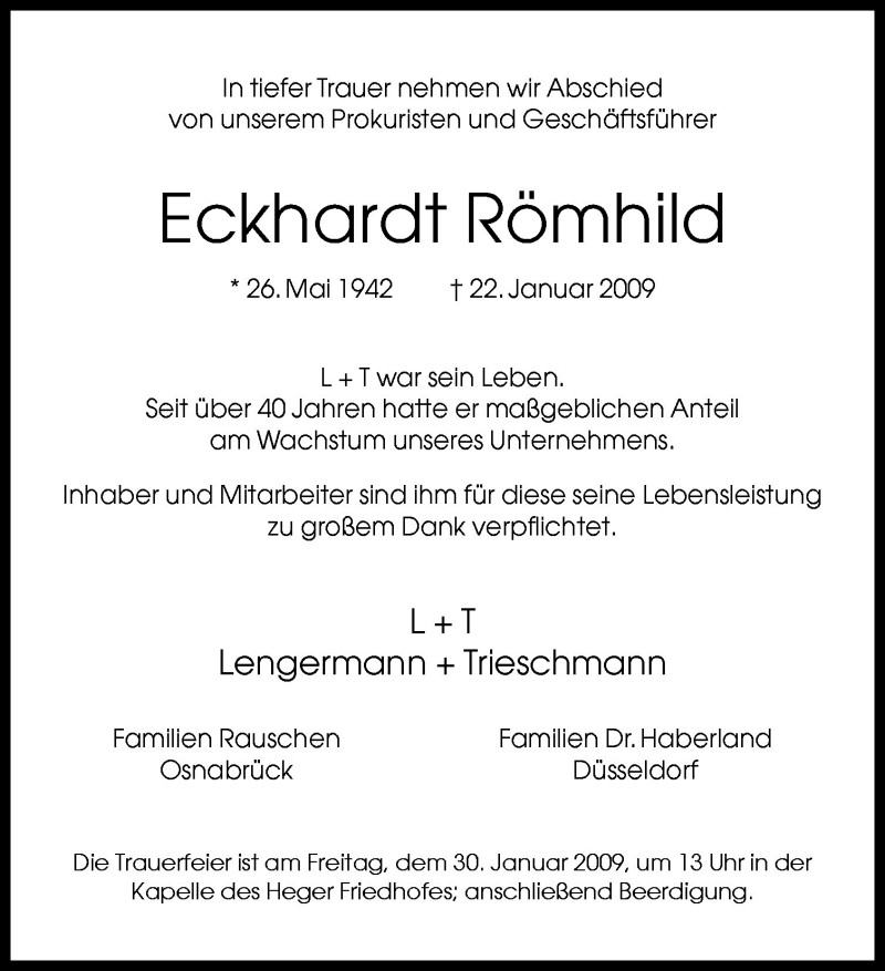  Traueranzeige für Eckhardt Römhild vom 27.01.2009 aus Neue Osnabrücker Zeitung GmbH & Co. KG