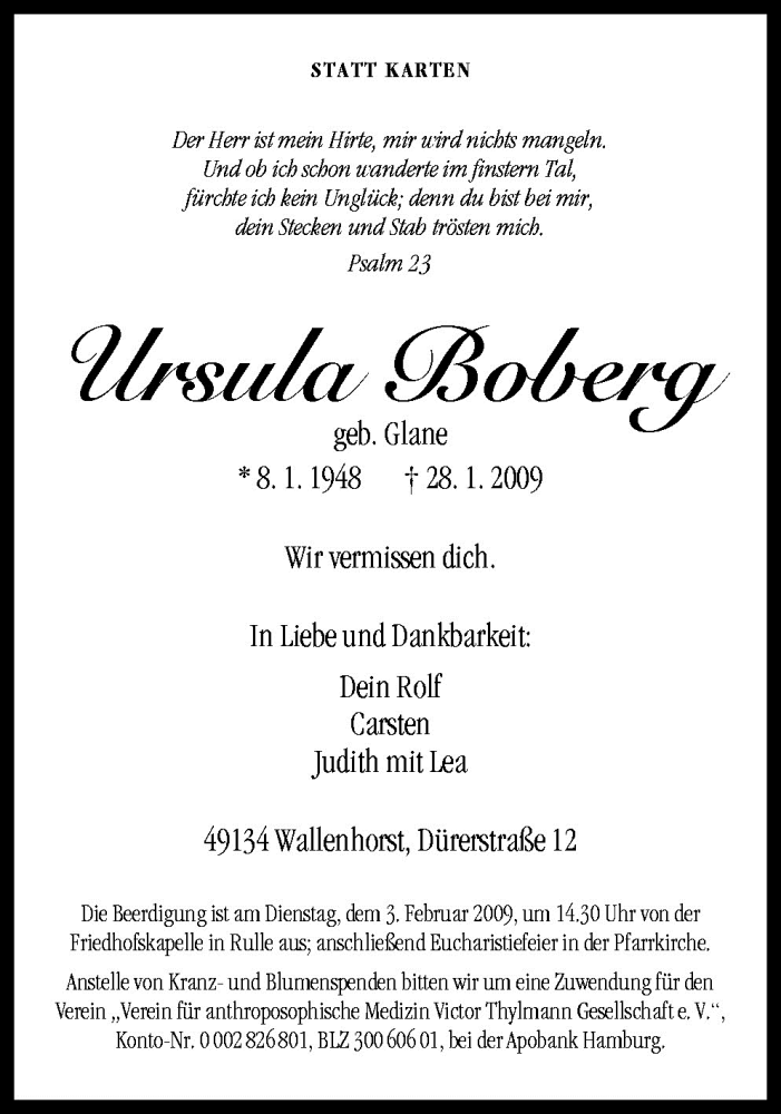  Traueranzeige für Ursula Boberg vom 31.01.2009 aus Neue Osnabrücker Zeitung GmbH & Co. KG