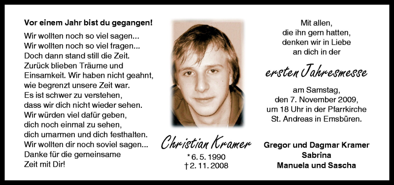  Traueranzeige für Christian Kramer vom 02.11.2009 aus Neue Osnabrücker Zeitung GmbH & Co. KG