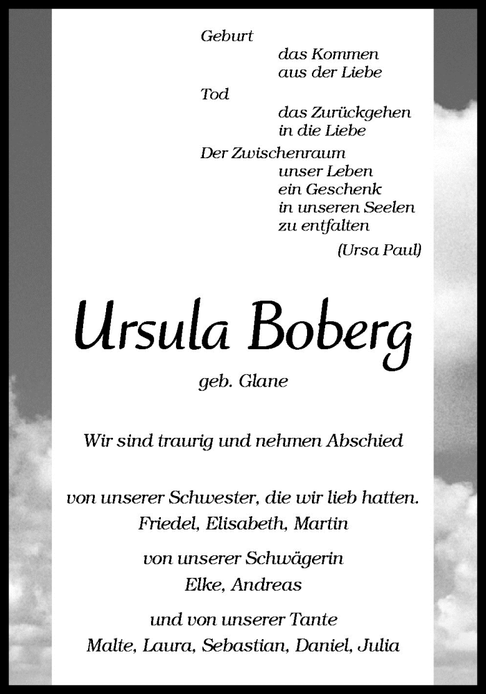  Traueranzeige für Ursula Boberg vom 02.02.2009 aus Neue Osnabrücker Zeitung GmbH & Co. KG
