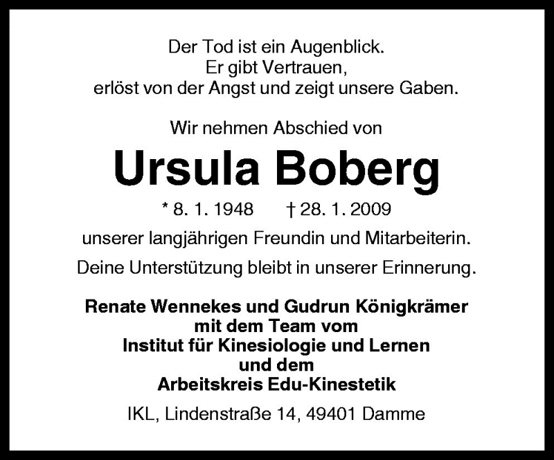  Traueranzeige für Ursula Boberg vom 04.02.2009 aus Neue Osnabrücker Zeitung GmbH & Co. KG