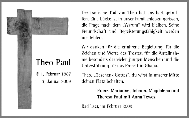  Traueranzeige für Theo Paul vom 21.02.2009 aus Neue Osnabrücker Zeitung GmbH & Co. KG