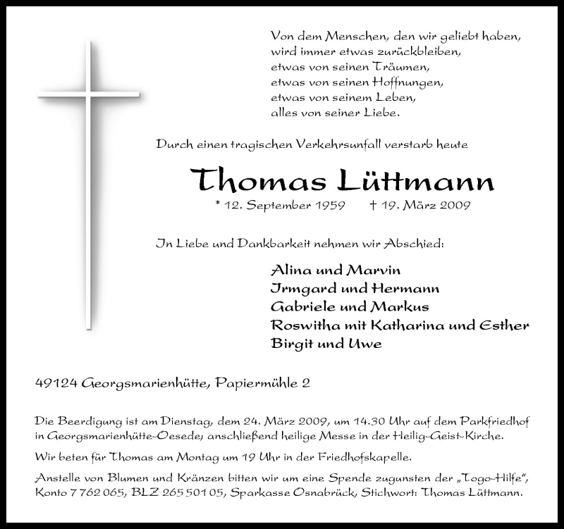  Traueranzeige für Thomas Lüttmann vom 21.03.2009 aus Neue Osnabrücker Zeitung GmbH & Co. KG