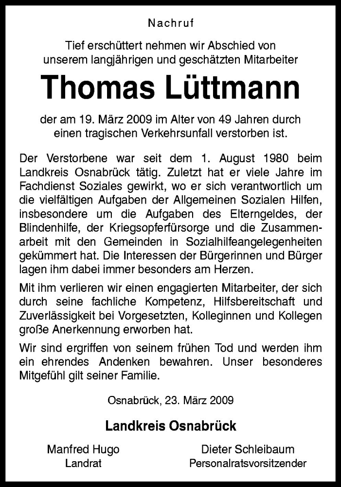  Traueranzeige für Thomas Lüttmann vom 24.03.2009 aus Neue Osnabrücker Zeitung GmbH & Co. KG