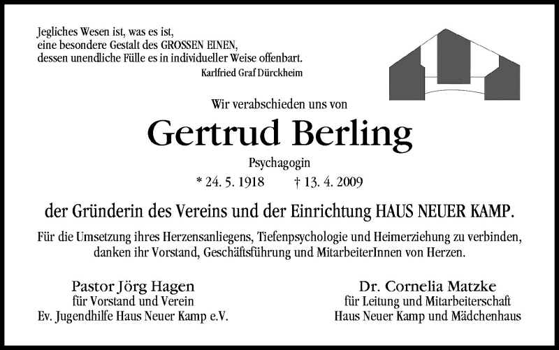  Traueranzeige für Gertrud Berling vom 16.04.2009 aus Neue Osnabrücker Zeitung GmbH & Co. KG