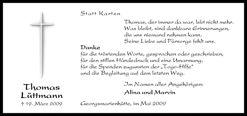  Traueranzeige für Thomas Lüttmann vom 02.05.2009 aus Neue Osnabrücker Zeitung GmbH & Co. KG