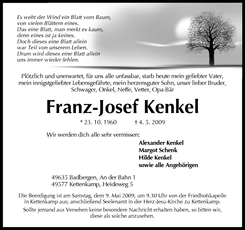  Traueranzeige für Franz-Josef Kenkel vom 07.05.2009 aus Neue Osnabrücker Zeitung GmbH & Co. KG