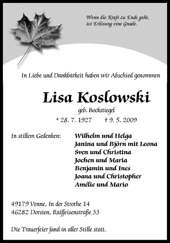 Traueranzeige von Lisa Koslowski von Neue Osnabrücker Zeitung GmbH & Co. KG