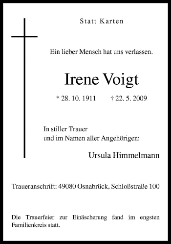 Traueranzeige von Irene Voigt von Neue Osnabrücker Zeitung GmbH & Co. KG