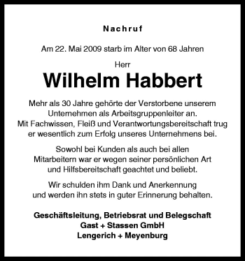 Traueranzeige von Wilhelm Habbert von Neue Osnabrücker Zeitung GmbH & Co. KG