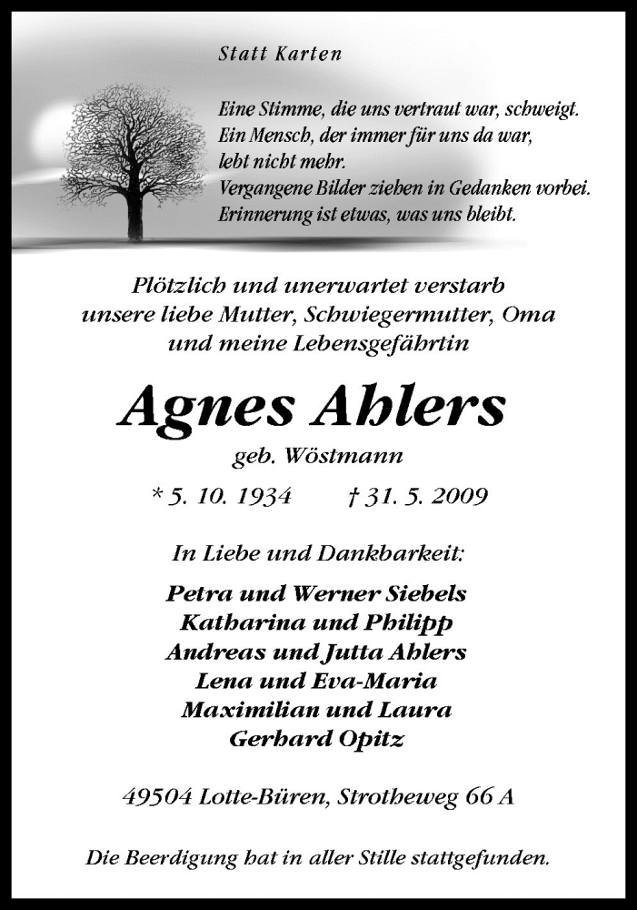  Traueranzeige für Agnes Ahlers vom 13.06.2009 aus Neue Osnabrücker Zeitung GmbH & Co. KG