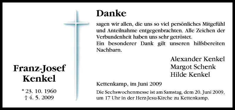  Traueranzeige für Franz-Josef Kenkel vom 19.06.2009 aus Neue Osnabrücker Zeitung GmbH & Co. KG