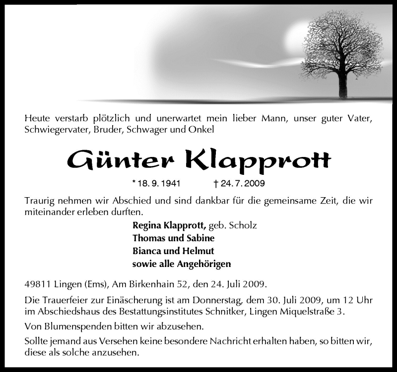  Traueranzeige für Günter Klapprott vom 28.07.2009 aus Neue Osnabrücker Zeitung GmbH & Co. KG