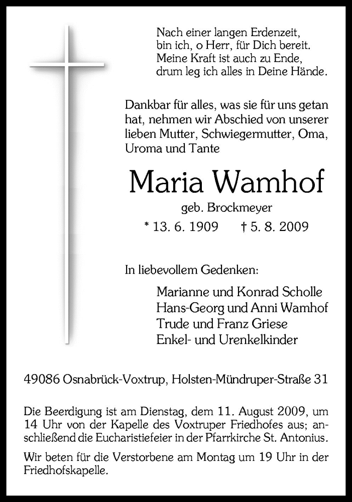 Traueranzeigen Von Maria Wamhof Noz Trauerportal