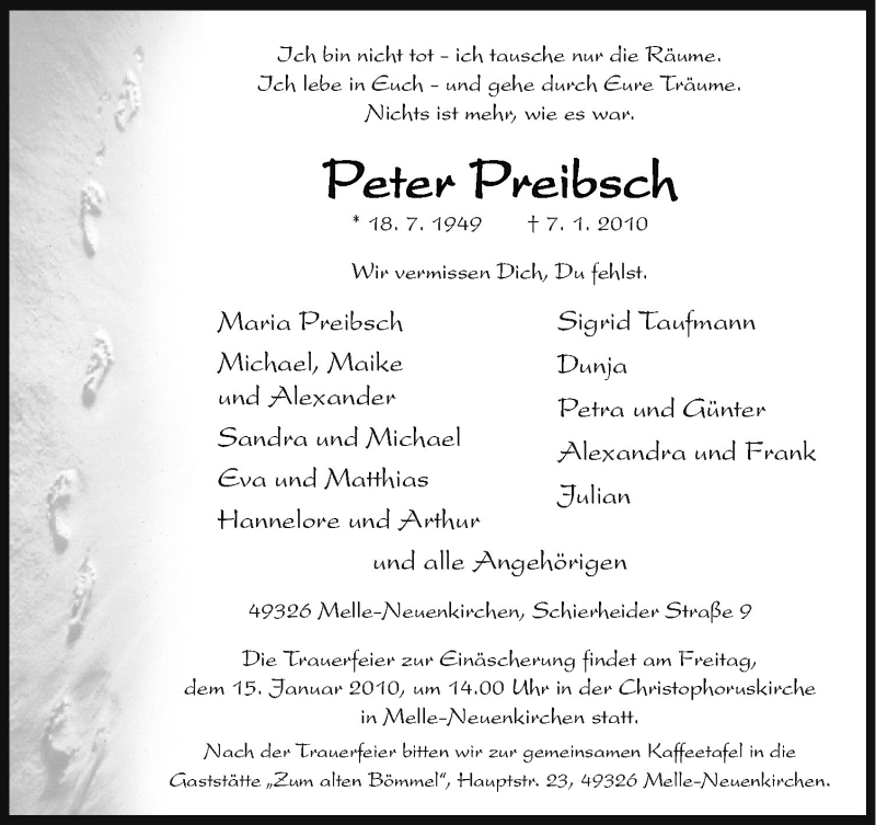  Traueranzeige für Peter Preibsch vom 12.01.2010 aus Neue Osnabrücker Zeitung GmbH & Co. KG