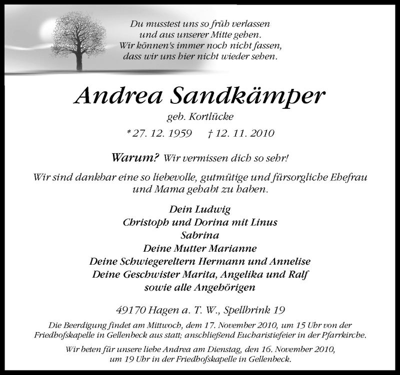  Traueranzeige für Andrea Sandkämper vom 15.11.2010 aus Neue Osnabrücker Zeitung GmbH & Co. KG