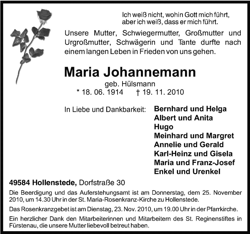  Traueranzeige für Maria Johannemann vom 22.11.2010 aus Neue Osnabrücker Zeitung GmbH & Co. KG