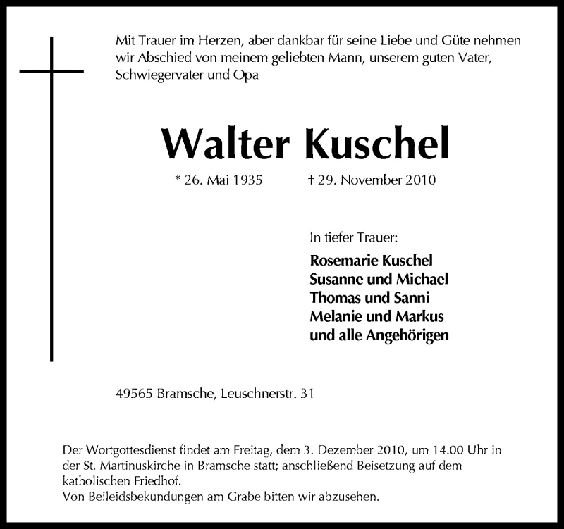  Traueranzeige für Walter Kuschel vom 01.12.2010 aus Neue Osnabrücker Zeitung GmbH & Co. KG