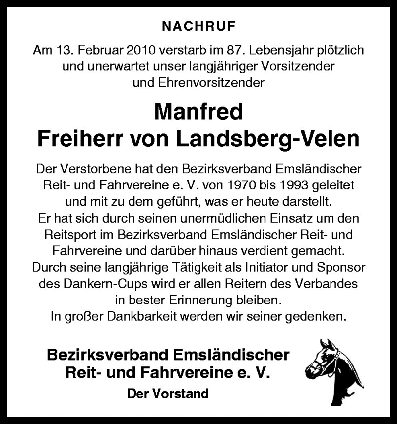  Traueranzeige für Manfred Freiherr von Landsberg-Velen vom 19.02.2010 aus Neue Osnabrücker Zeitung GmbH & Co. KG