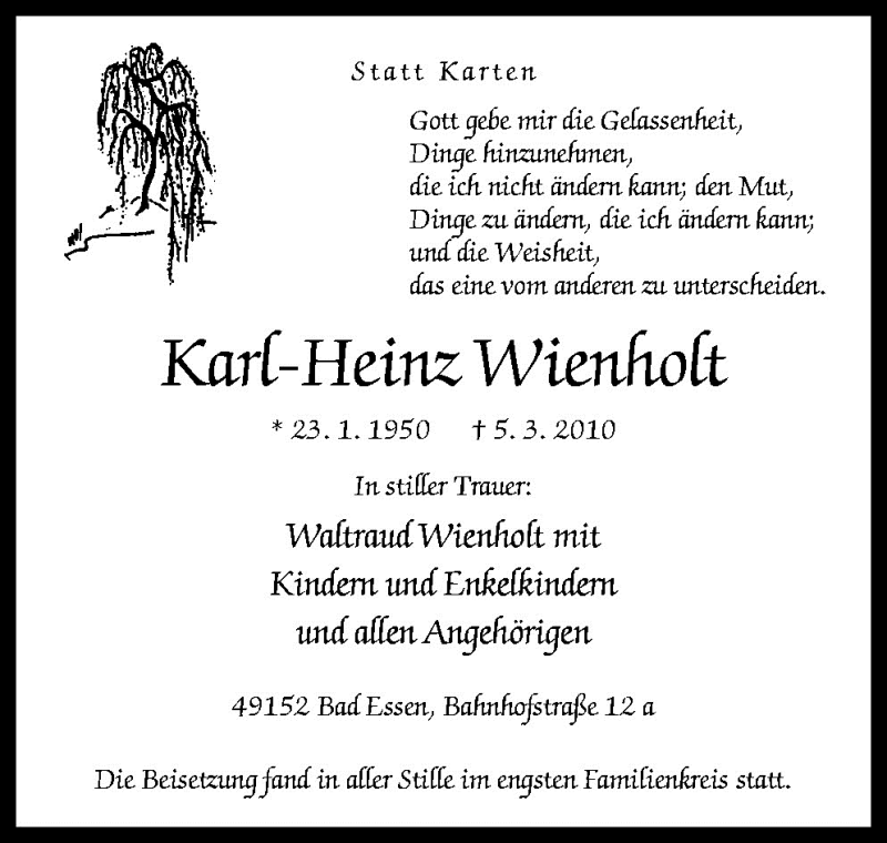  Traueranzeige für Karl-Heinz Wienholt vom 22.03.2010 aus Neue Osnabrücker Zeitung GmbH & Co. KG