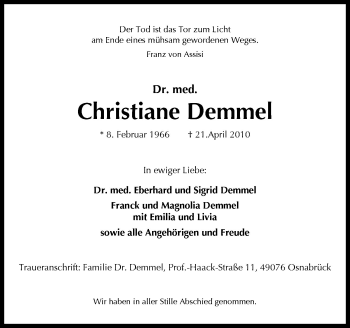 Traueranzeigen Von Christiane Demmel Noz Trauerportal