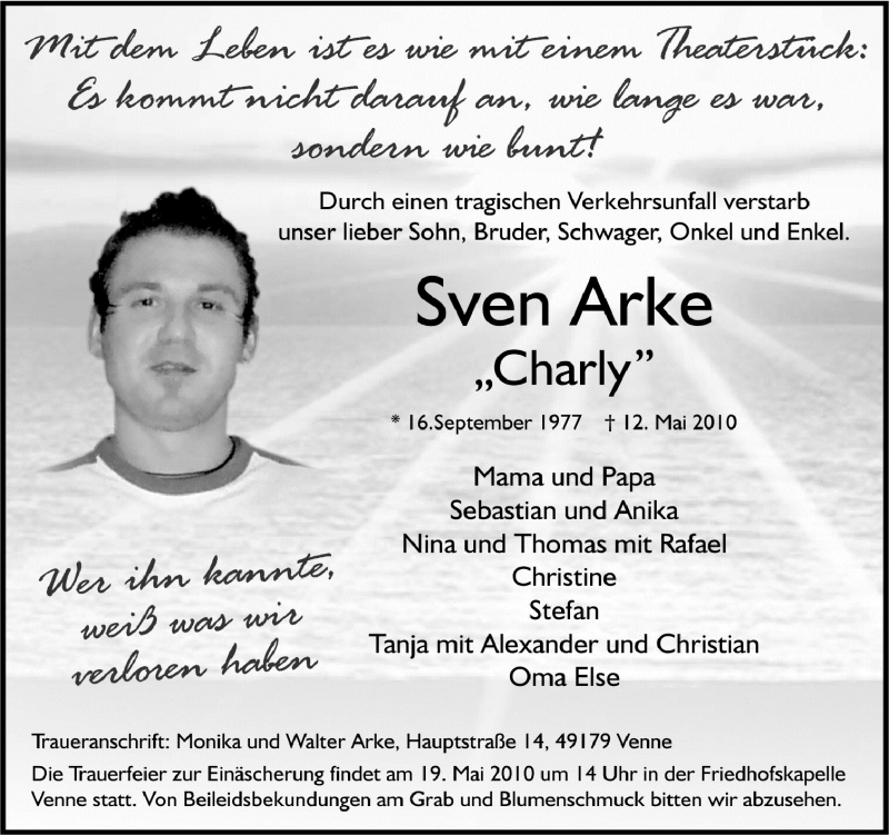  Traueranzeige für Sven Arke vom 18.05.2010 aus Neue Osnabrücker Zeitung GmbH & Co. KG