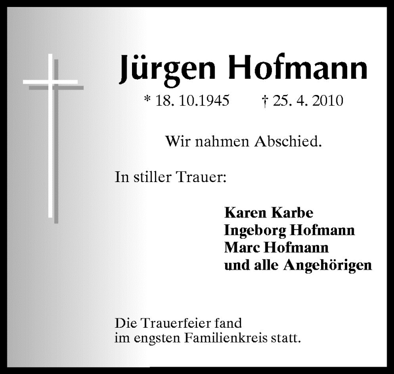 Traueranzeigen Von J Rgen Hofmann Noz Trauerportal