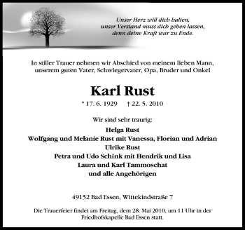 Traueranzeige von Karl Rust von Neue Osnabrücker Zeitung GmbH & Co. KG