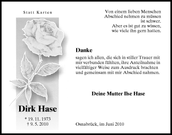 Traueranzeige von Dirk Hase von Neue Osnabrücker Zeitung GmbH & Co. KG