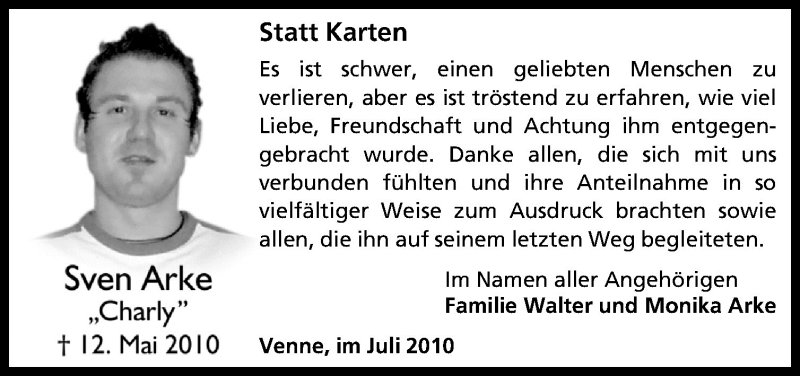  Traueranzeige für Sven Arke vom 03.07.2010 aus Neue Osnabrücker Zeitung GmbH & Co. KG