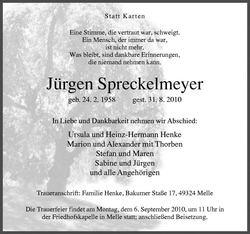  Traueranzeige für Jürgen Spreckelmeyer vom 03.09.2010 aus Neue Osnabrücker Zeitung GmbH & Co. KG