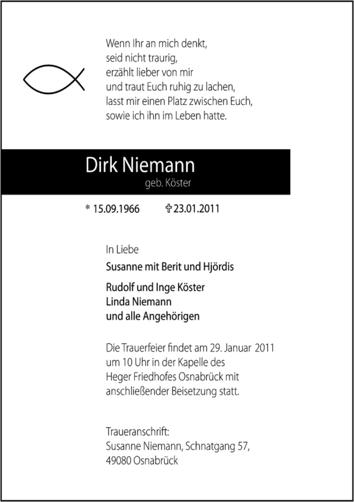  Traueranzeige für Dirk Niemann vom 27.01.2011 aus Neue Osnabrücker Zeitung GmbH & Co. KG