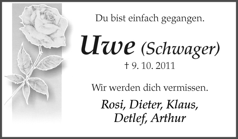  Traueranzeige für Uwe Schwager vom 13.10.2011 aus Neue Osnabrücker Zeitung GmbH & Co. KG