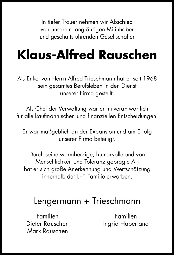 Traueranzeigen Von Klaus Alfred Rauschen Noz Trauerportal