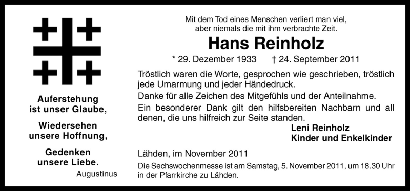  Traueranzeige für Hans Reinholz vom 01.11.2011 aus Neue Osnabrücker Zeitung GmbH & Co. KG