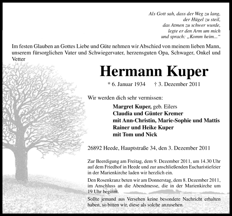 Traueranzeige für Hermann Kuper vom 06.12.2011 aus Neue Osnabrücker Zeitung