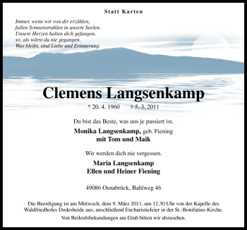 Traueranzeigen Von Clemens Langsenkamp Noz Trauerportal