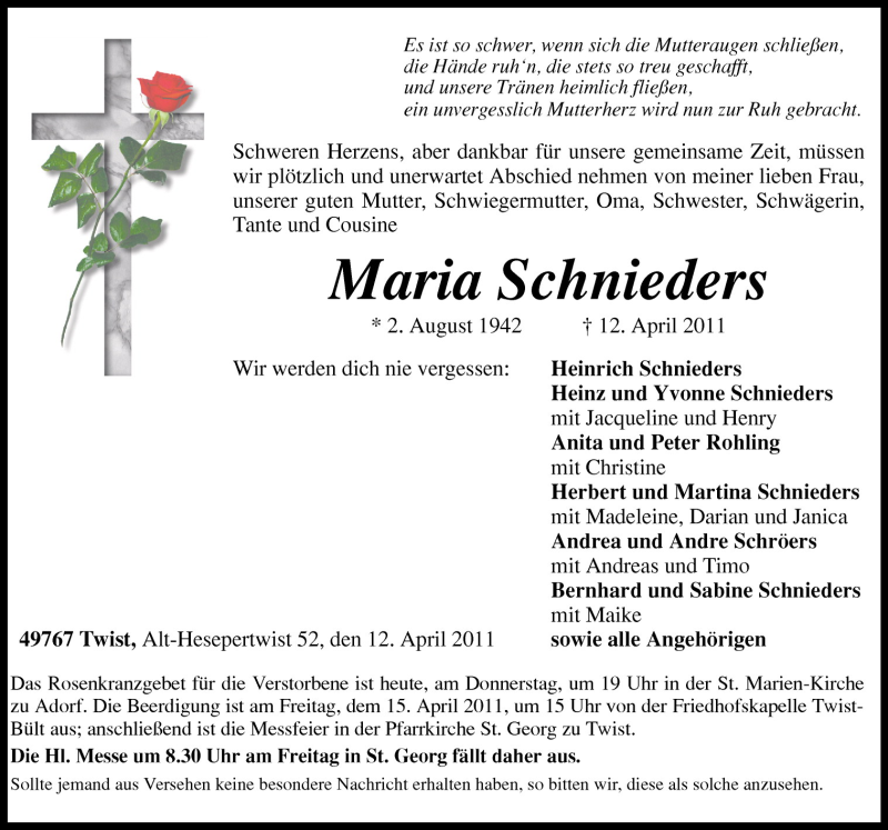  Traueranzeige für Maria Schnieders vom 14.04.2011 aus Neue Osnabrücker Zeitung GmbH & Co. KG