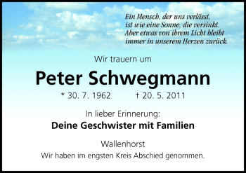 Traueranzeige von Peter Schwegmann von Neue Osnabrücker Zeitung GmbH & Co. KG