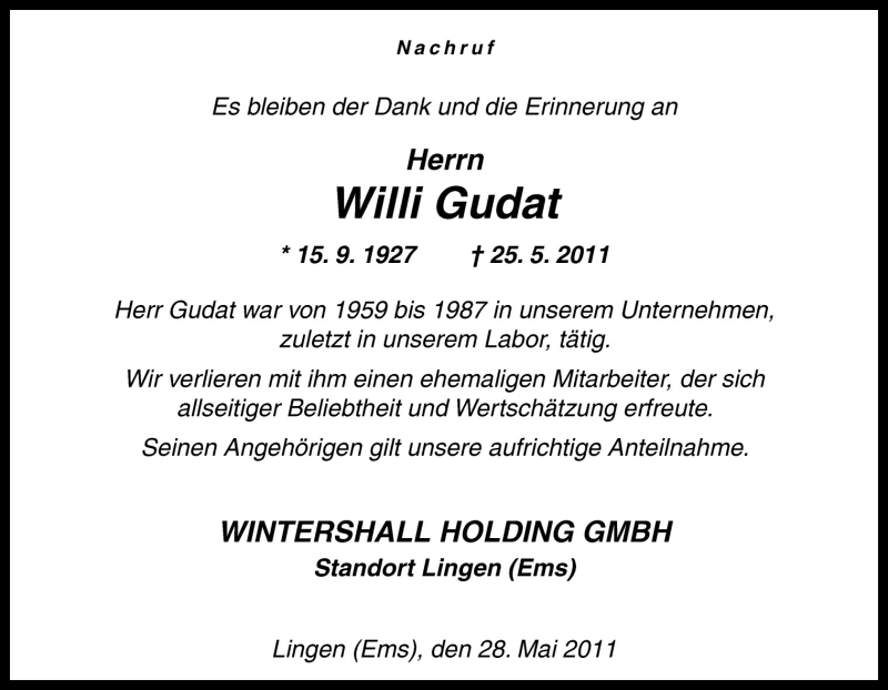  Traueranzeige für Willi Gudat vom 28.05.2011 aus Neue Osnabrücker Zeitung GmbH & Co. KG