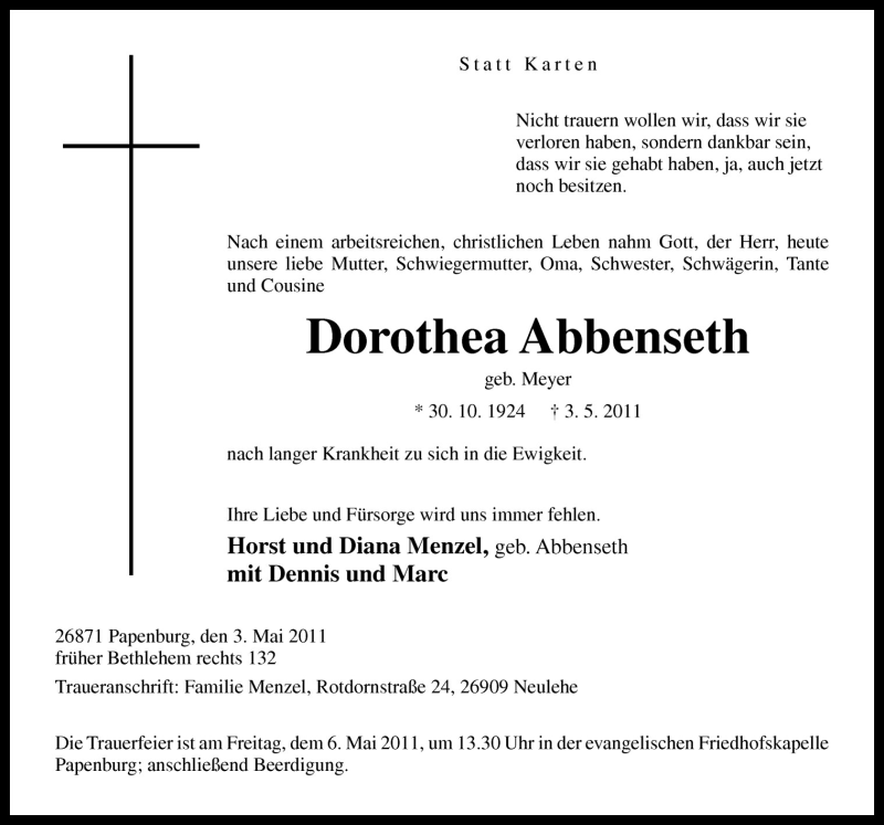  Traueranzeige für Dorothea Abbenseth vom 05.05.2011 aus Neue Osnabrücker Zeitung GmbH & Co. KG