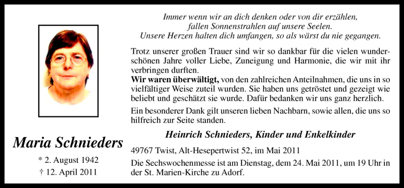  Traueranzeige für Maria Schnieders vom 21.05.2011 aus Neue Osnabrücker Zeitung GmbH & Co. KG