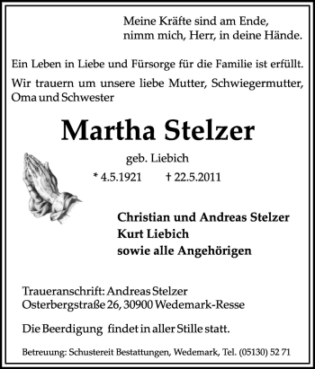 Traueranzeige von Martha Stelzer von Neue Osnabrücker Zeitung GmbH & Co. KG