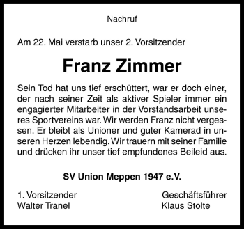 Traueranzeige von Franz Zimmer von Neue Osnabrücker Zeitung GmbH & Co. KG