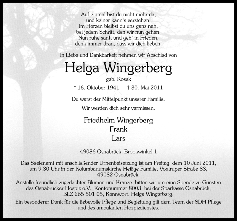  Traueranzeige für Helga Wingerberg vom 04.06.2011 aus Neue Osnabrücker Zeitung GmbH & Co. KG