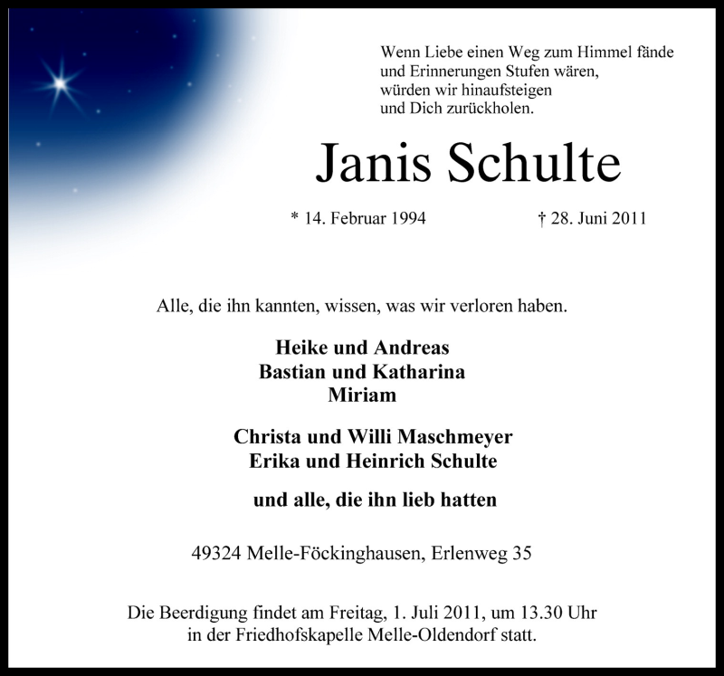  Traueranzeige für Janis Schulte vom 30.06.2011 aus Neue Osnabrücker Zeitung GmbH & Co. KG