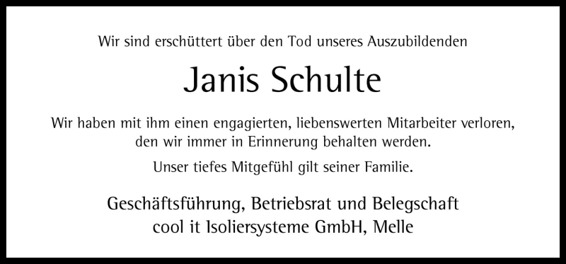  Traueranzeige für Janis Schulte vom 01.07.2011 aus Neue Osnabrücker Zeitung GmbH & Co. KG