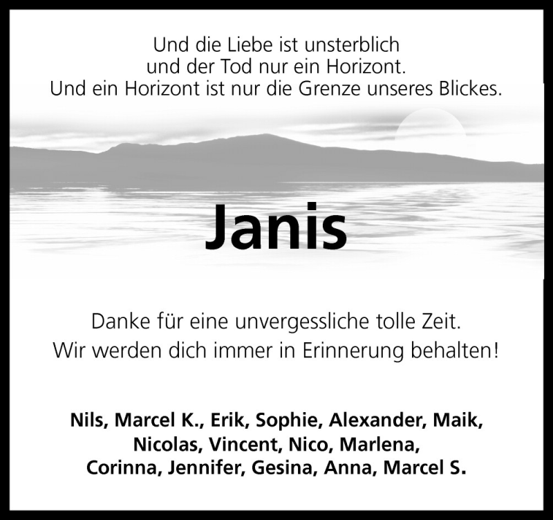  Traueranzeige für Janis Schulte vom 02.07.2011 aus Neue Osnabrücker Zeitung GmbH & Co. KG