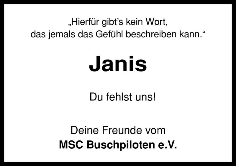  Traueranzeige für Janis Schulte vom 04.07.2011 aus Neue Osnabrücker Zeitung GmbH & Co. KG